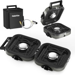 2-Burner Camping Stove Foldable, Portable Propane Camp Stove with 16000 BTU Adjustable Burners and Piezo Ignition, Folding Stove with Carry Bag & Handle for Camping, Tailgating, Backyard BBQ