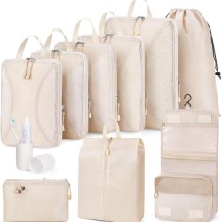 Compression Packing Cubes 10 Sets, Packing Organizers, Extensible Suitcase Organiser Bags, Travel Organizer Cubes for Travel Essentials Beige