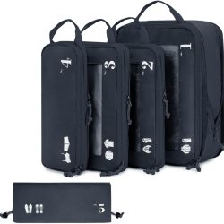 ECOHUB 5 Set Compression Packing Cubes for Suitcases Organiser Bags Set Travel Essentials with Shoe Bags for Travel Tear-resistant Travel Accessories with ID Tag Expandable Packing Bags(Navy Blue)